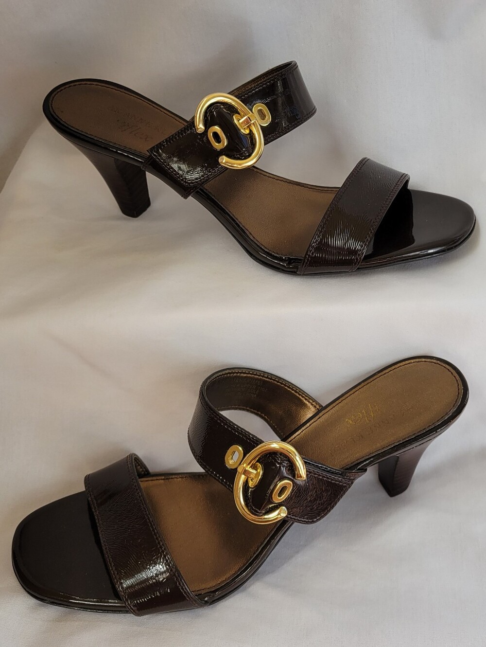 Anne Klein Brown Patent Leather Slide Sandals with Gold Accent Buckle 8M